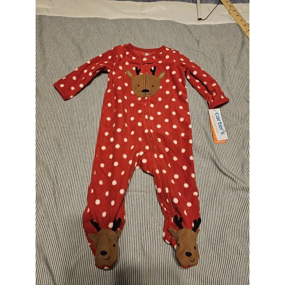 Carter's Just One You Baby Reindeer Red / White Fleece Footed Pajamas NWT 6M